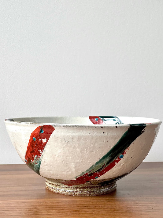 Red and Dark Green Brushes Pattern Large Bowl 虚空藏窑 色绘刷毛目