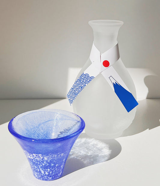 Toyo-sasaki blue fuji glass bottle and sake cup set