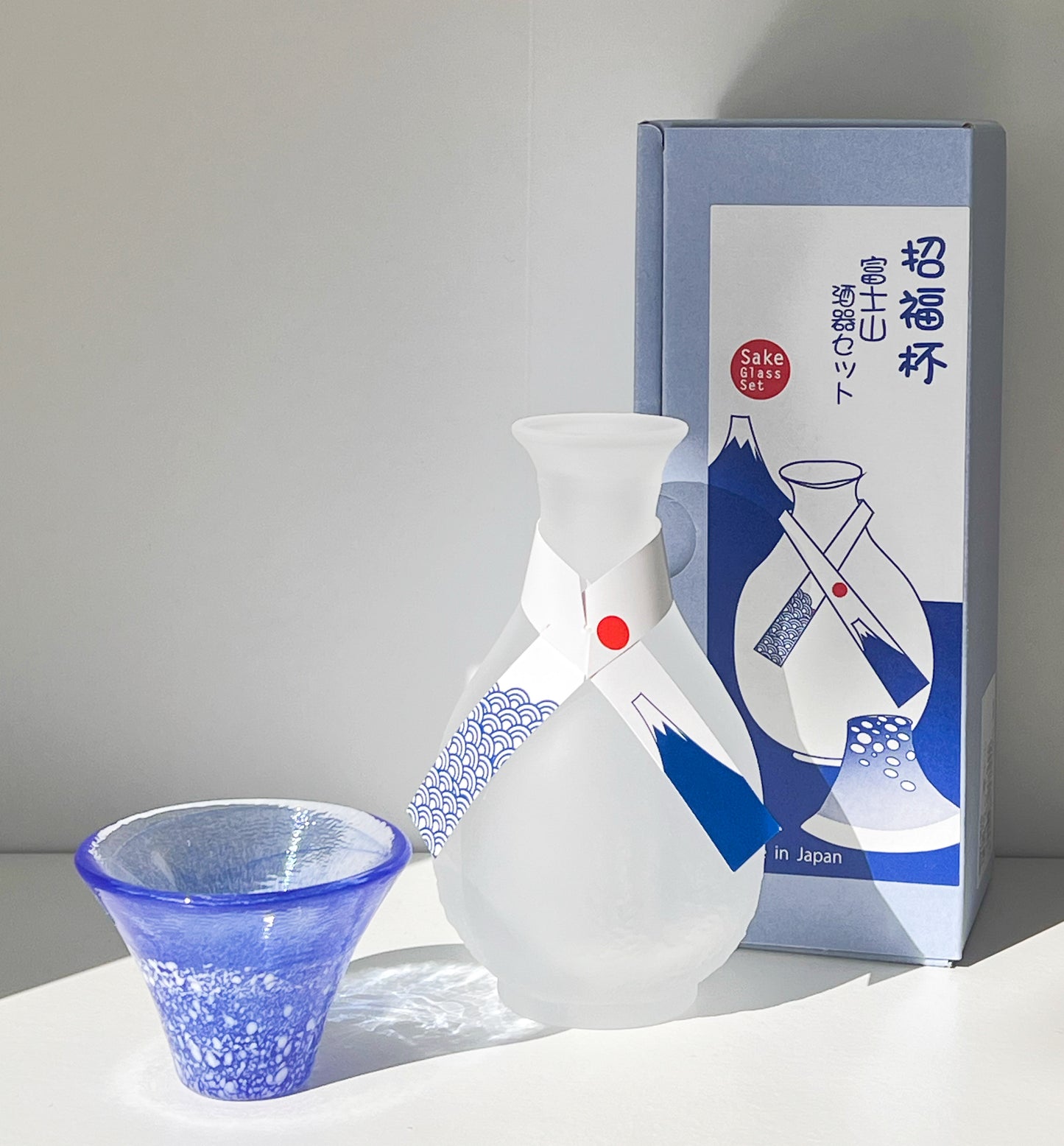 Toyo-sasaki blue fuji glass bottle and sake cup set